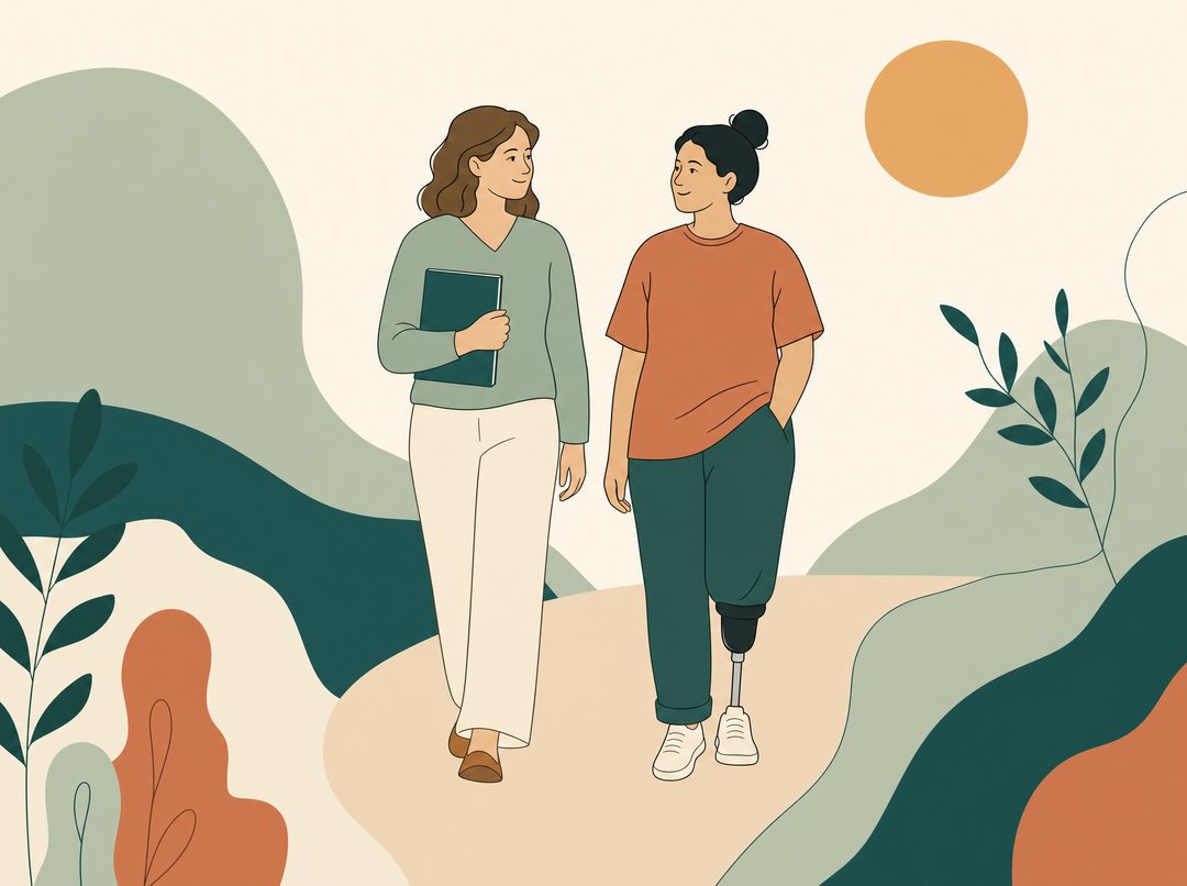 A supportive figure walking steadily alongside another person