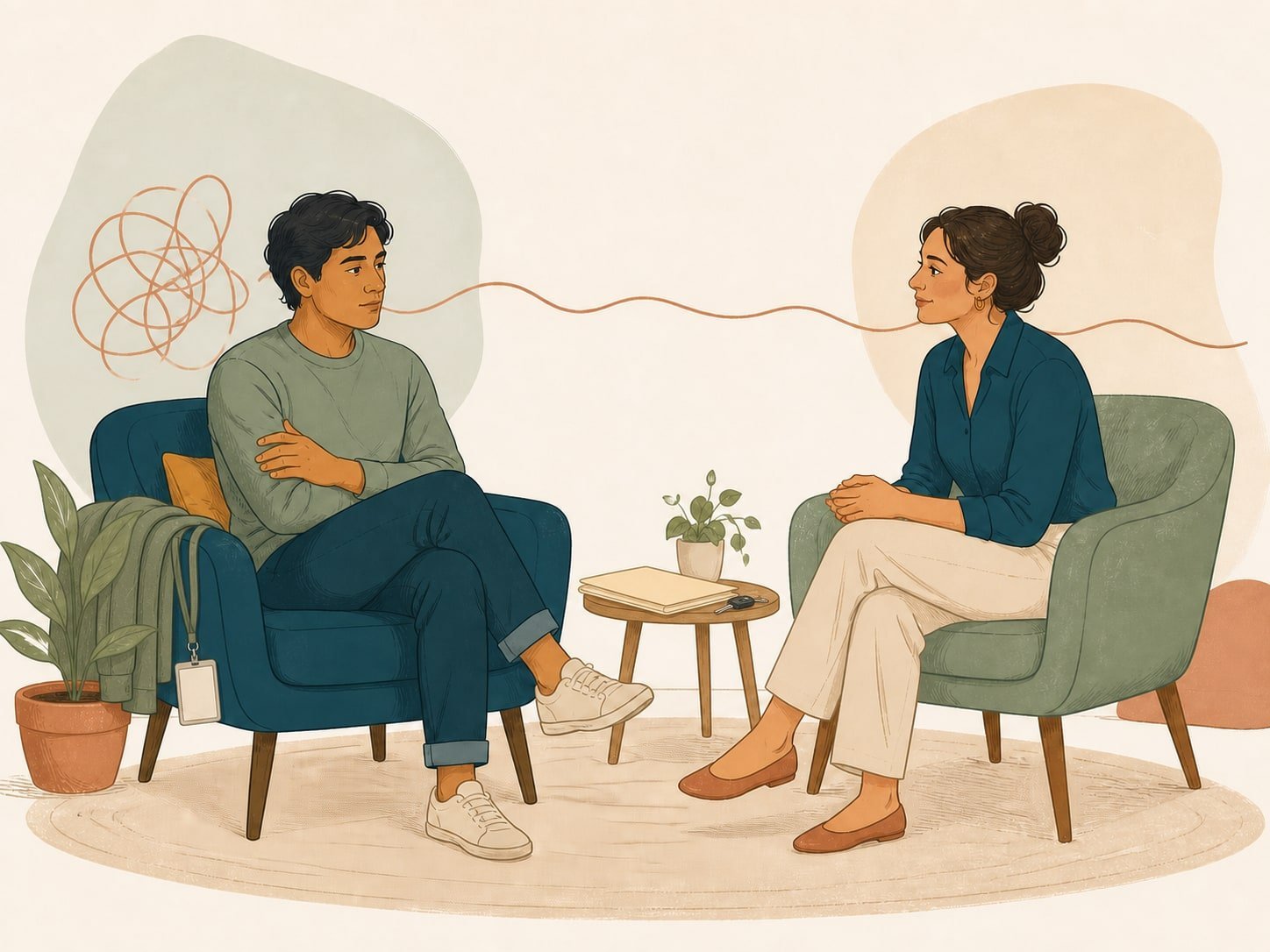 A psychologist listening to a client, with subtle work and motor-claim items nearby